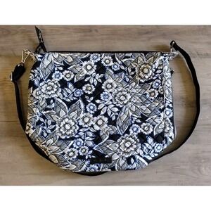 Vera Bradley Large Shoulder Bag Purse Black Blue White Floral Adjustable Strap